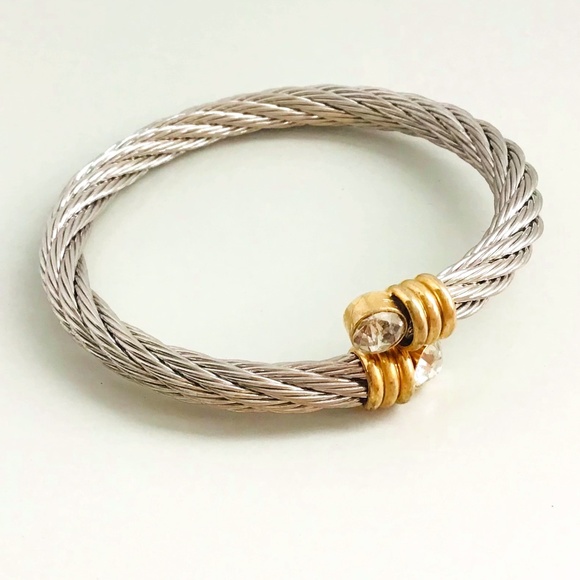 Vintage Jewelry - VINTAGE silver and gold tone twisted bracelet with sparkling stones